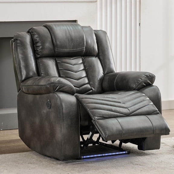 Power Zero Gravity Recliner Chair with LED Light, USB Ports, Faux Leather Electric Reclining Chair for Living Room Gray