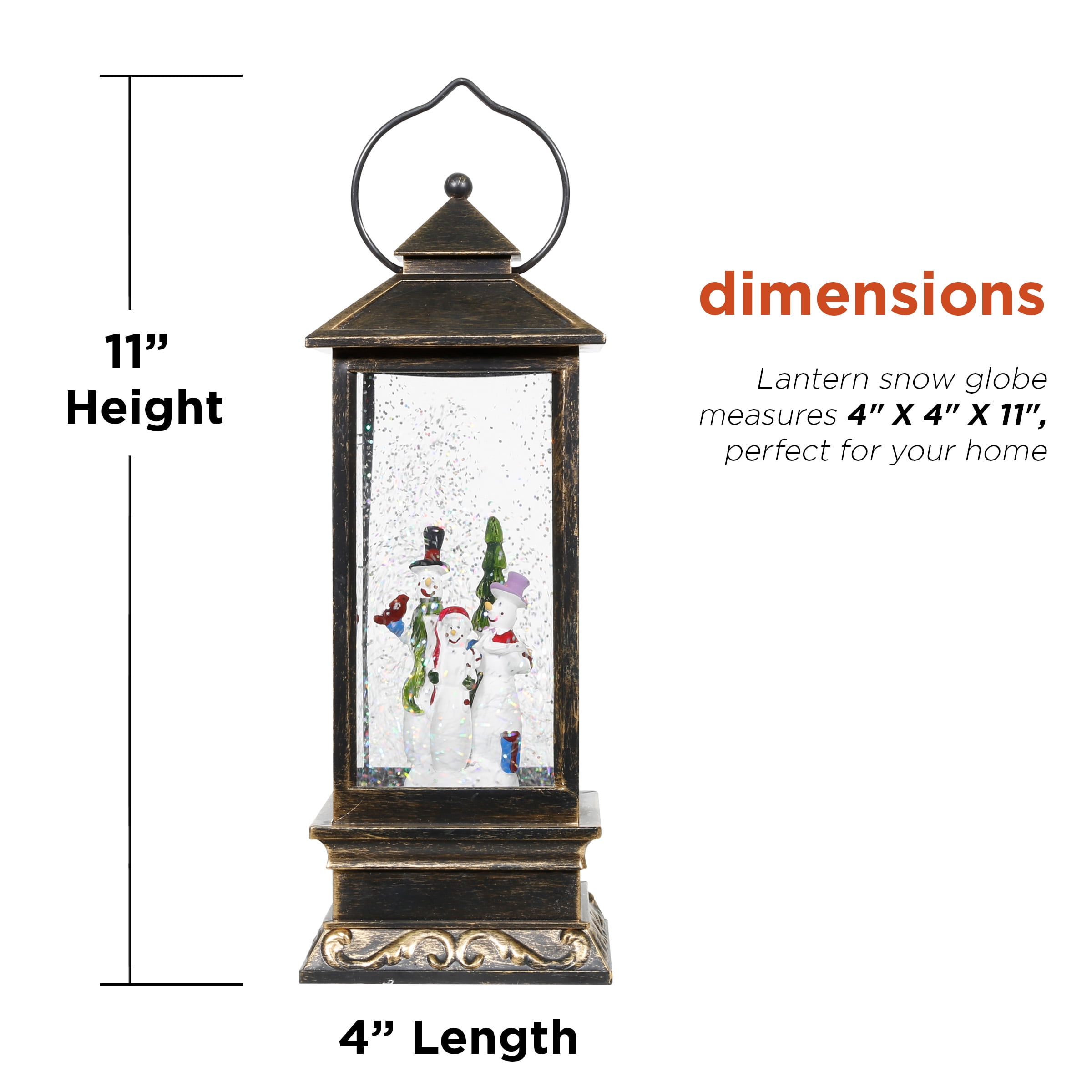 Alpine Corporation Lantern Snowman Snow Globe with LED Light, Brushed Bronze