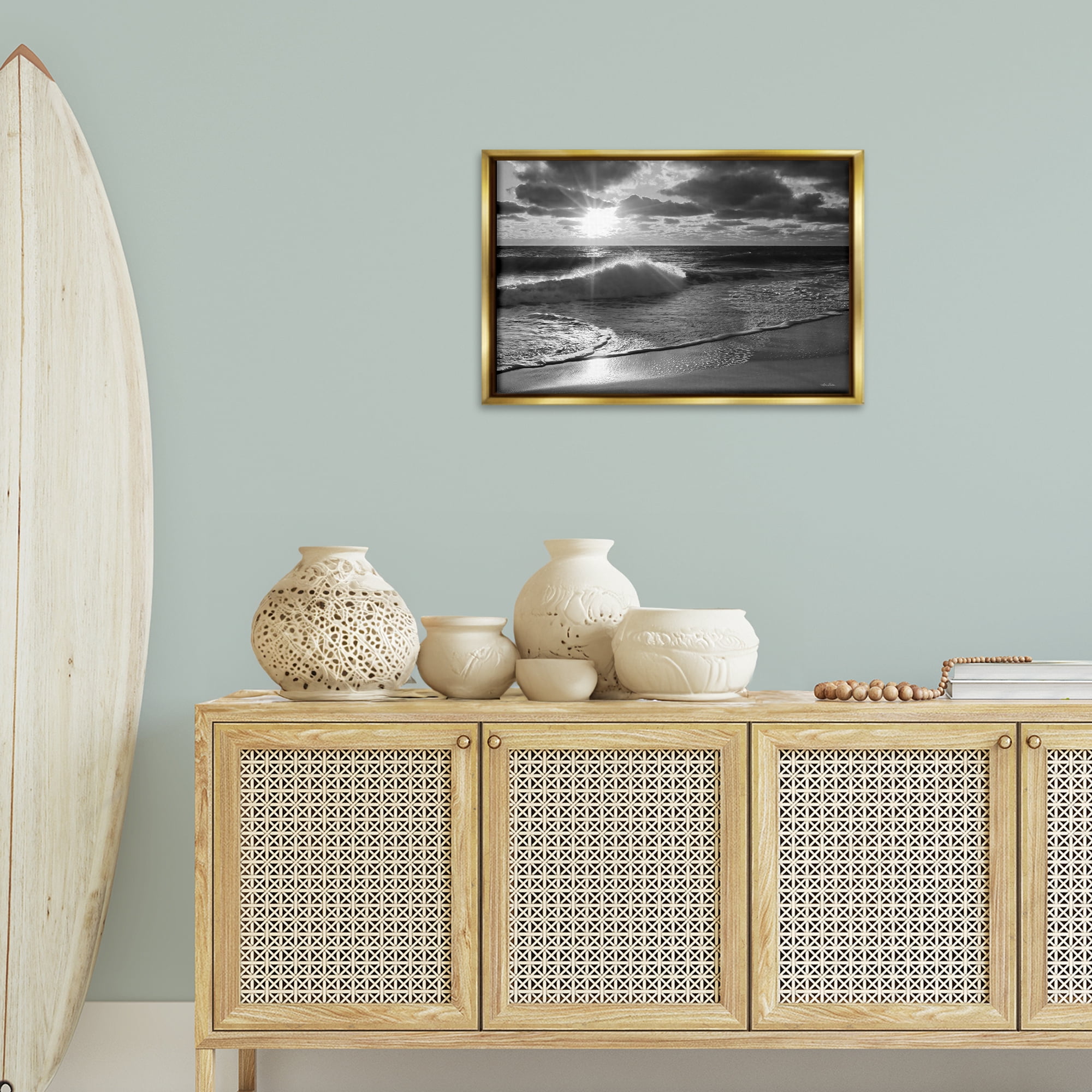 Stupell Industries Sunset Crashing Wave Landscape Photography Gold Floater Framed Canvas Art Print Wall Art, 25 x 17