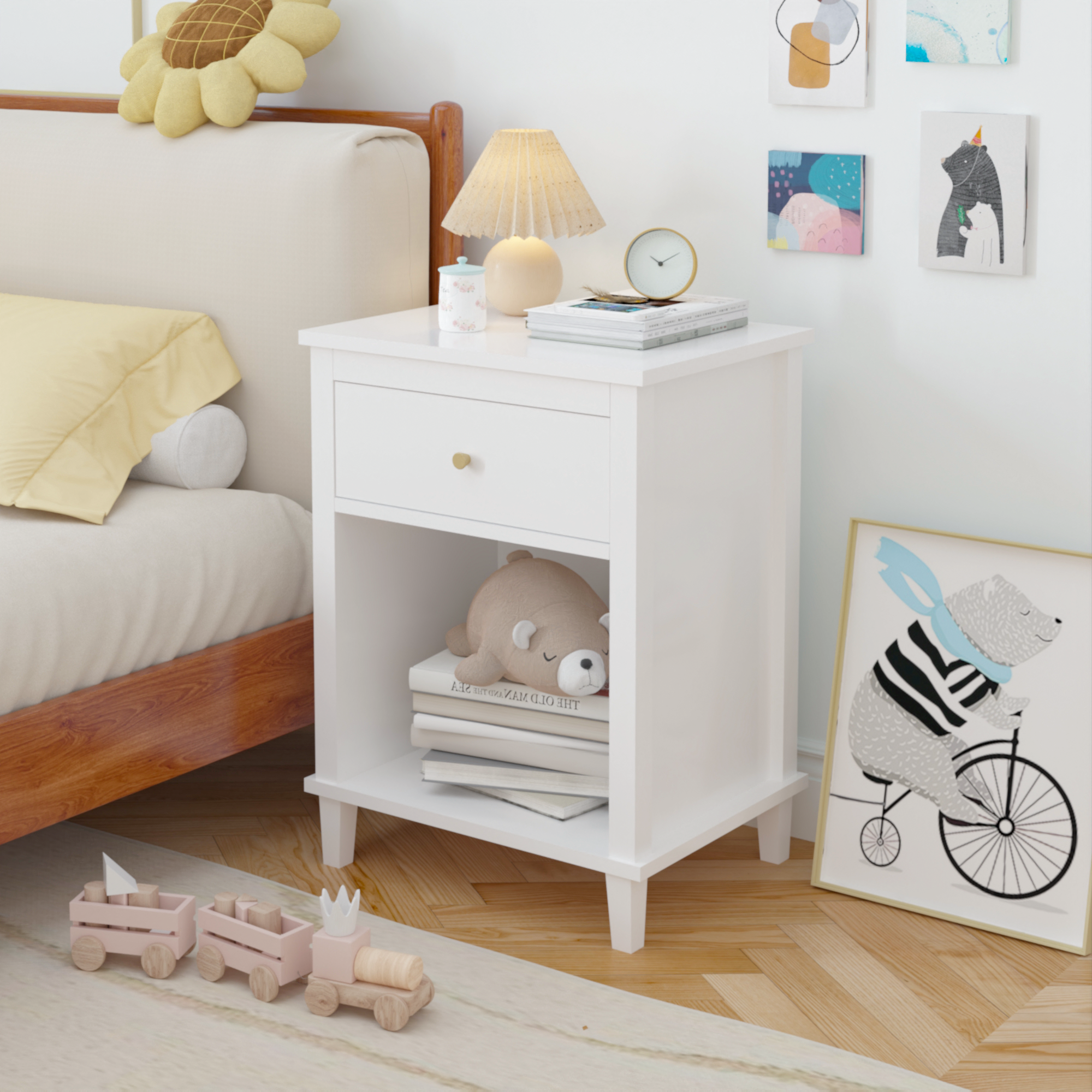 Jopath Wooden Nightstand with One Drawer & One Shelf for Kids, Adults,26.77''H,White02