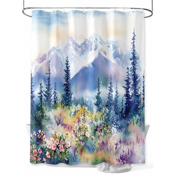 Boanket Polyester Fabric Blue Purple Mountains Shower Curtain, Watercolor Wildflower Pine Trees Waterproof Bathtub Curtain Bathroom Decor Set with Hooks 36 x 78 Inches,