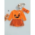 thumbnail image 2 of Bagilaanoe Halloween Outfits for Newborn Baby Girls Romper Dress + Headband 6M 12M1 8M 24M Infant Long Sleeve Ghost Face Print Jumpsuit, 2 of 9