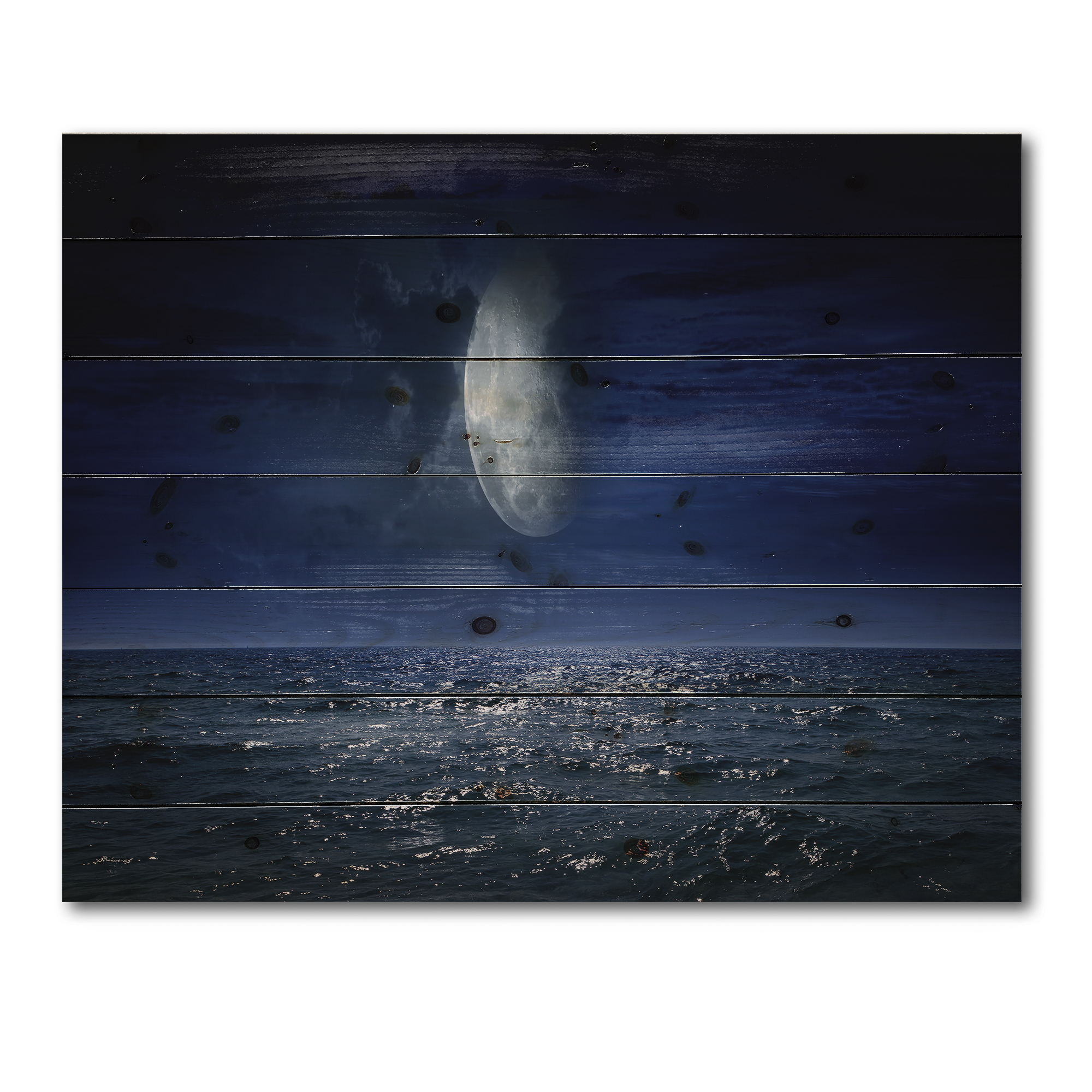 Designart 'Full Moon Night Over Dark Ocean' Nautical & Coastal Print on Natural Pine Wood