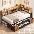 thumbnail image 5 of Corner Bed Frame Twin Size with 6 Drawers and Storage Bookcase, Twin Daybed with Charging Station & Led Lights, Metal Platform Beds for Living Room Bedroom, Brown, 5 of 16