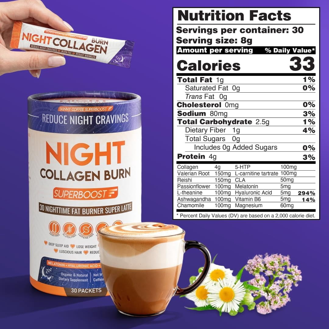 Night Collagen Burn - Weight Loss & Belly Fat Burner & Sleep Aid for Women & Men | Sleep Support for Bloating & Metabolism, Appetite Suppressant | Supports Skin, Hair, Nails & Joints | 30 Servings