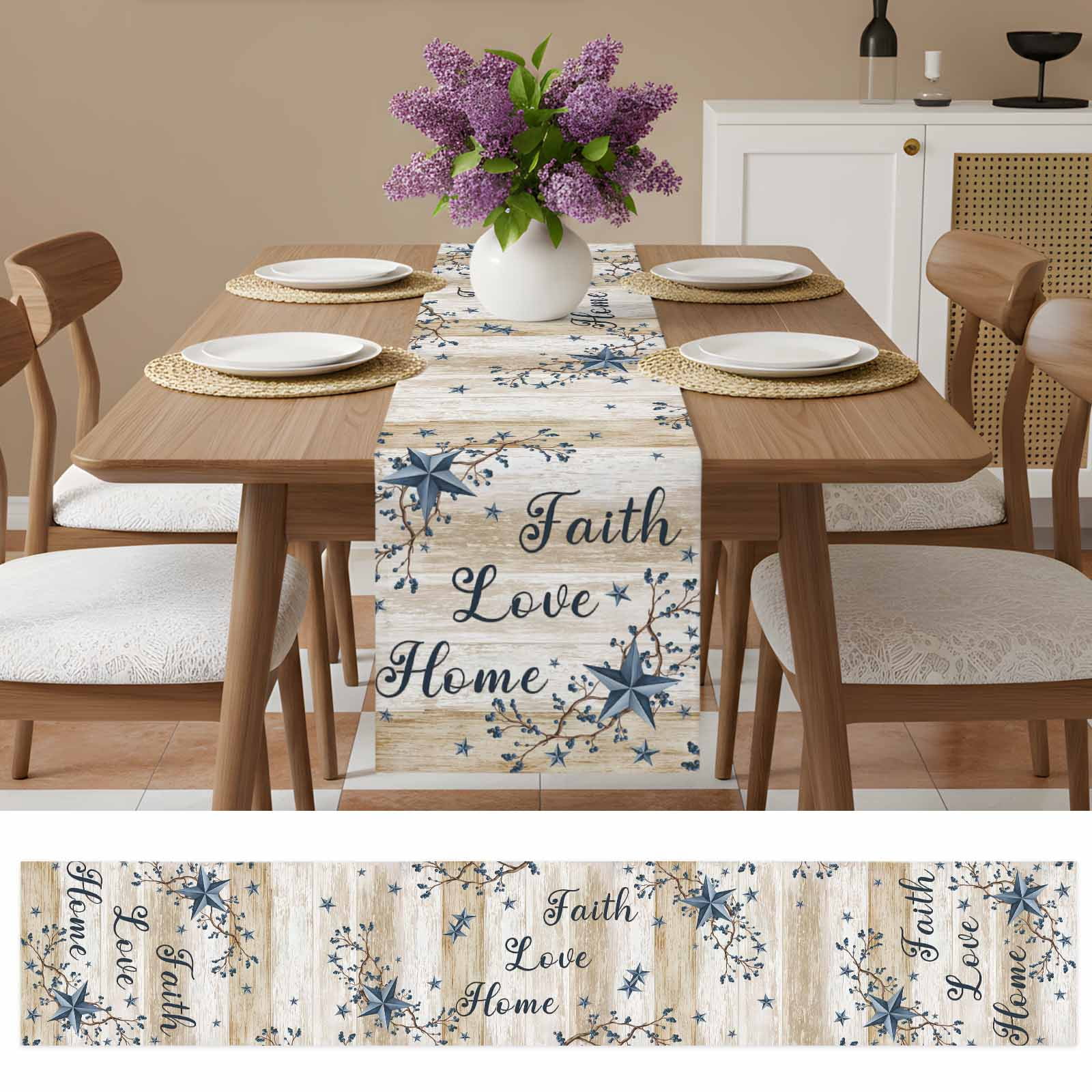 Vintage Country Cotton Linen Table Runner for Dining Kitchen, Blue Rustic Texas Star Vines Wooden Grain Wedding Outdoor Party Tablerunners, Dresser Scarf Coffee Tablecloth Runners 13x60 Inches