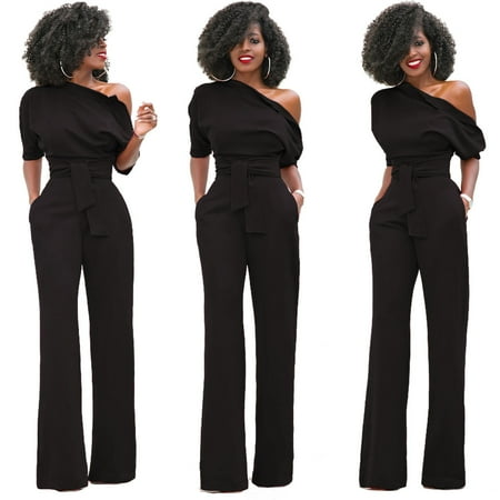 

Hot European And American Sloping-Shoulder Off The-Shoulder Solid Color Short Sleeve One-Piece Wide-Leg Pants Large Quantity In Stock