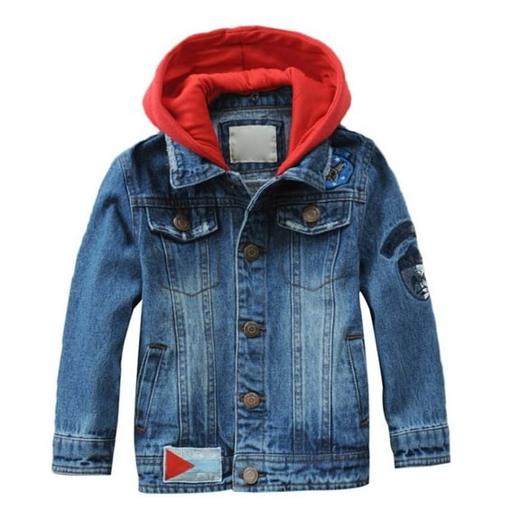 WhouRiu Toddler Boy's Denim Jacket Hooded Long Sleeve Button Denim Jacket Child Athletic Cozy Streetwear Autumn Denim Jackets Blue,Sized 3-4