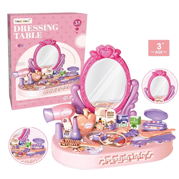 Kids Pretend Vanity Dressing Table Playset with Mirror, 30 Pcs Fake Hair Dryer Makeup Beauty Salon Toy Set, Princess Dress Up Vanity Toy for Little Girls Birthday Christmas Party Gifts