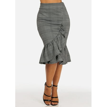 Wear Plaid Skirt - Womens Juniors Office Career Wear Work High Rise Ruffle Detail Black Plaid Print Midi Skirt 40649U