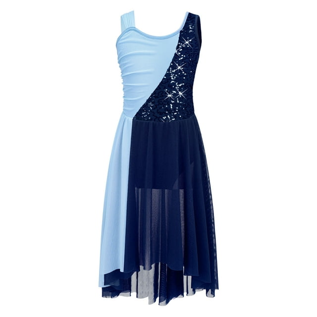 Mufeng Robe de Danse Sans Manches à Paillettes pour Filles Enfants, Costumes de Danse Lyrique Moderne Contemporaine Bleu Marine 14