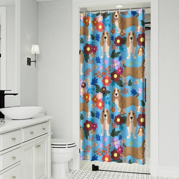 Basset Hound Dog and Flower Shower Curtain 36x72in ,Bathroom Decorative Shower Curtains Set with 12 Hooks,Modern Waterproof Washable Shower Curtain