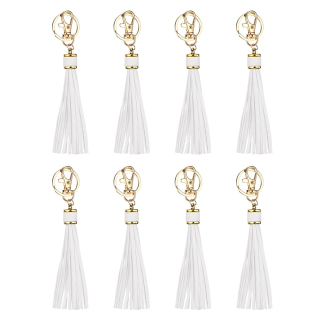 8pcs Borlas de Cuero PU, Charm de Borla de 6" con Anillos de Llavero para Hacer Joyería (Blanco)