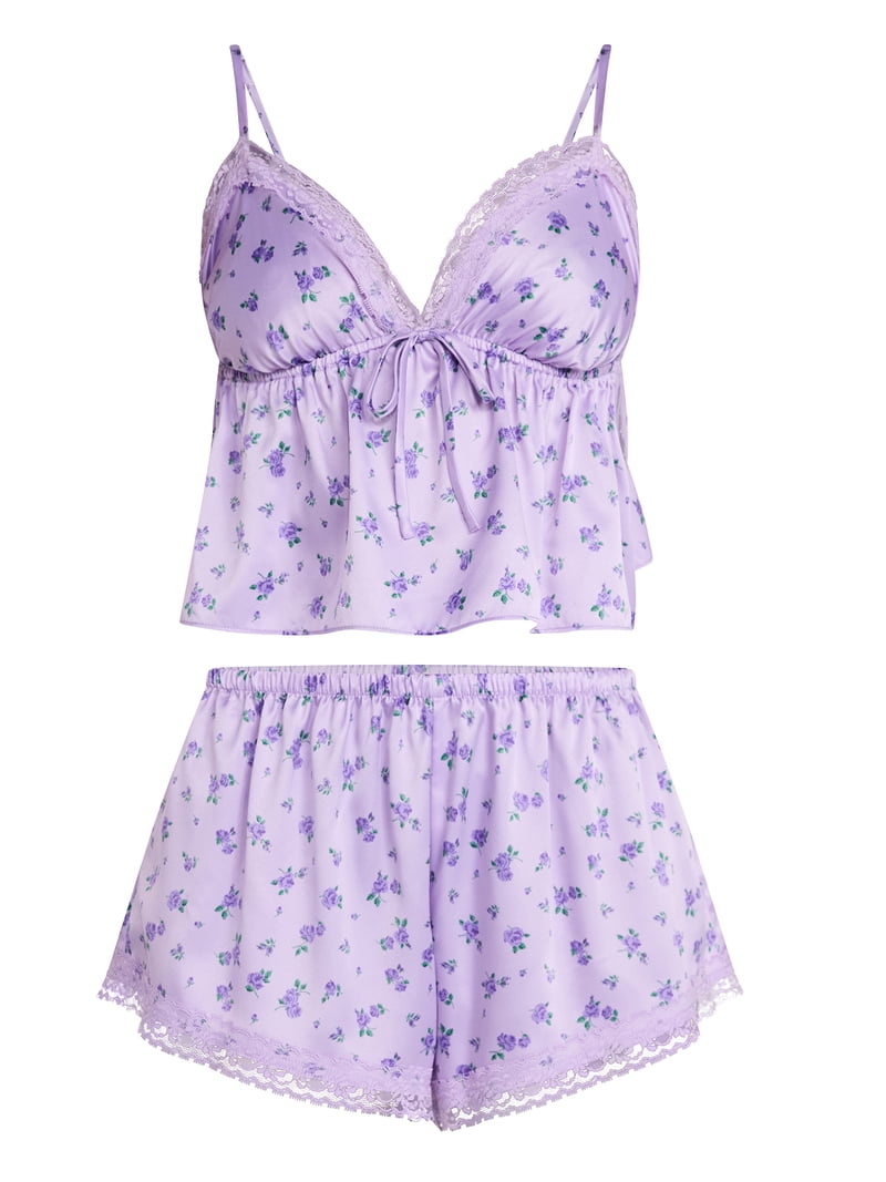 No Boundaries Satin Cami and Shorts Sleep Set, 2-Piece, Women's XS