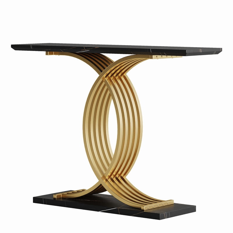 Accent Console Sofa Table with Gold Intertwined Crossed Metal Base, Entryway Display Side Table with Faux Marbling Top