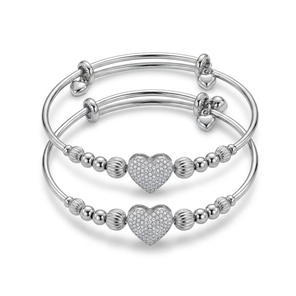 Heart Charm Bracelet Set of 2, Silver Tone Adjustable Bangle Bracelets with Decorative Beads and Pavé Heart Design for Everyday Wear, Party & Special Occasions