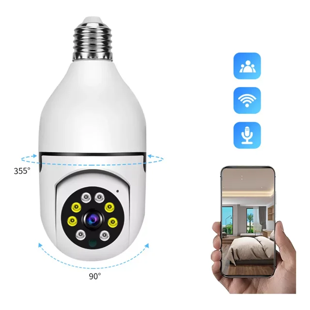 fopnew cámara de seguridad cámara con resolución 2mp visión nocturna incluida color blanco bombilla E27 blanca con lente central y anillo de LEDs para visión nocturna, carcasa motorizada con giro 355° e inclinación 90°, iconos de Wi‑Fi y control por app en smartphone; adecuada para vigilar entradas o áreas pequeñas.