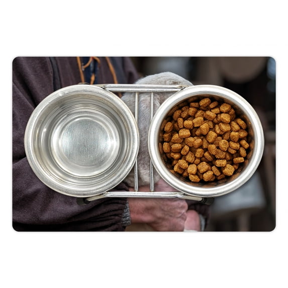 Farm Animal Pet Mat for Food and Water, Blurry Backdrop Photo with Baby Lamb Sitting with Old Farmer Man, Non-Slip Rubber Mat for Dogs and Cats, 18" X 12", by Ambesonne