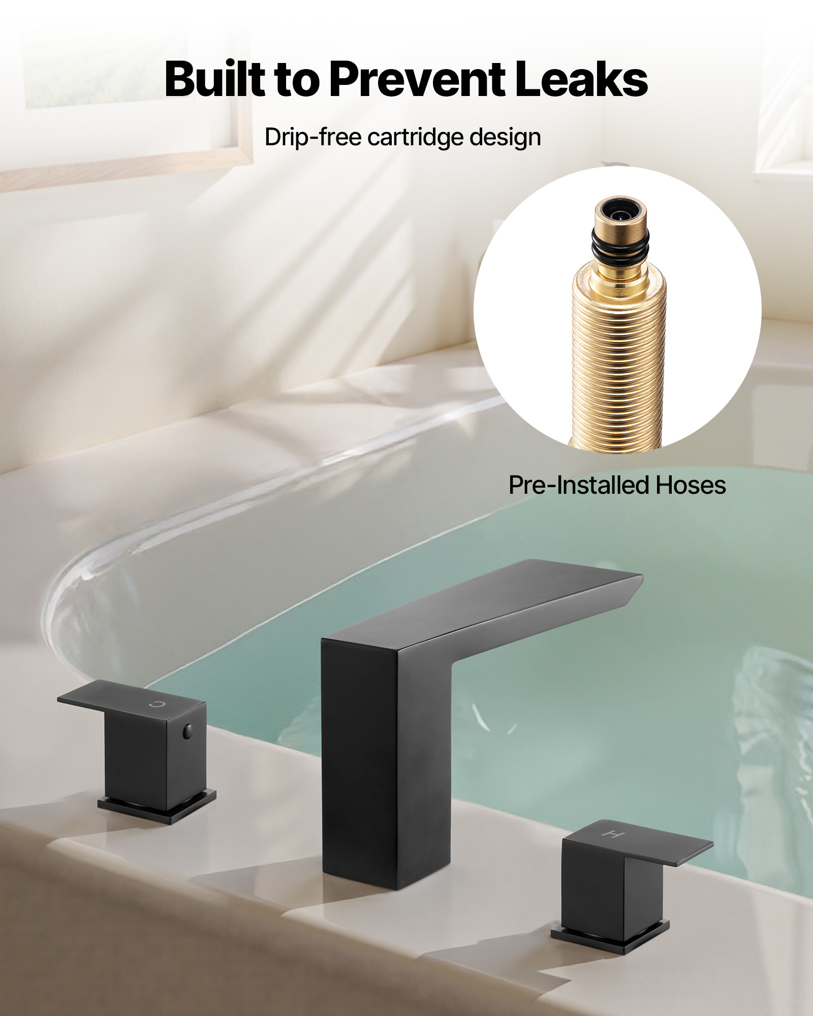 VEVOR Roman Tub Faucet, Bath Tubs Faucets Set with 2 Handles, Roman Tub Faucets Deck Mount for Pet Washing, Baby Care, Adult Bathing, Matte Black, Stainless Steel, 3 Hole Waterfall Bathtub Faucet