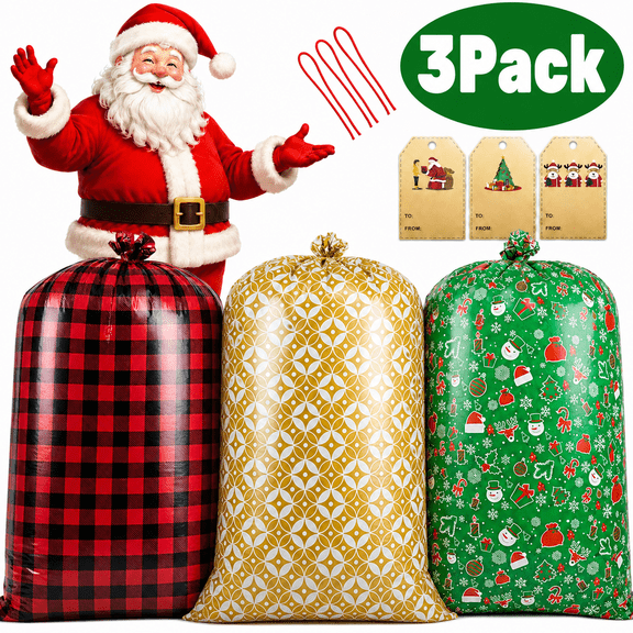 Christmas Large Plastic Bag Jumbo Gift Bag Santa Claus Gift Bag with Rope for Christmas Party Gifts & Supplies 36" x 56" Red Gold Green 3Pcs