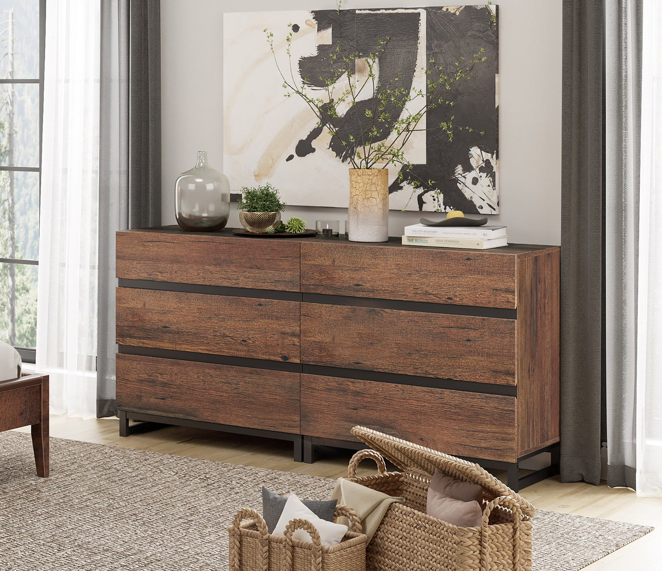 Meteorleg Wood Oak 6 Drawer Dresser with Wide Drawers and Metal Handles for  Bedroom Living Room - Walmart.com