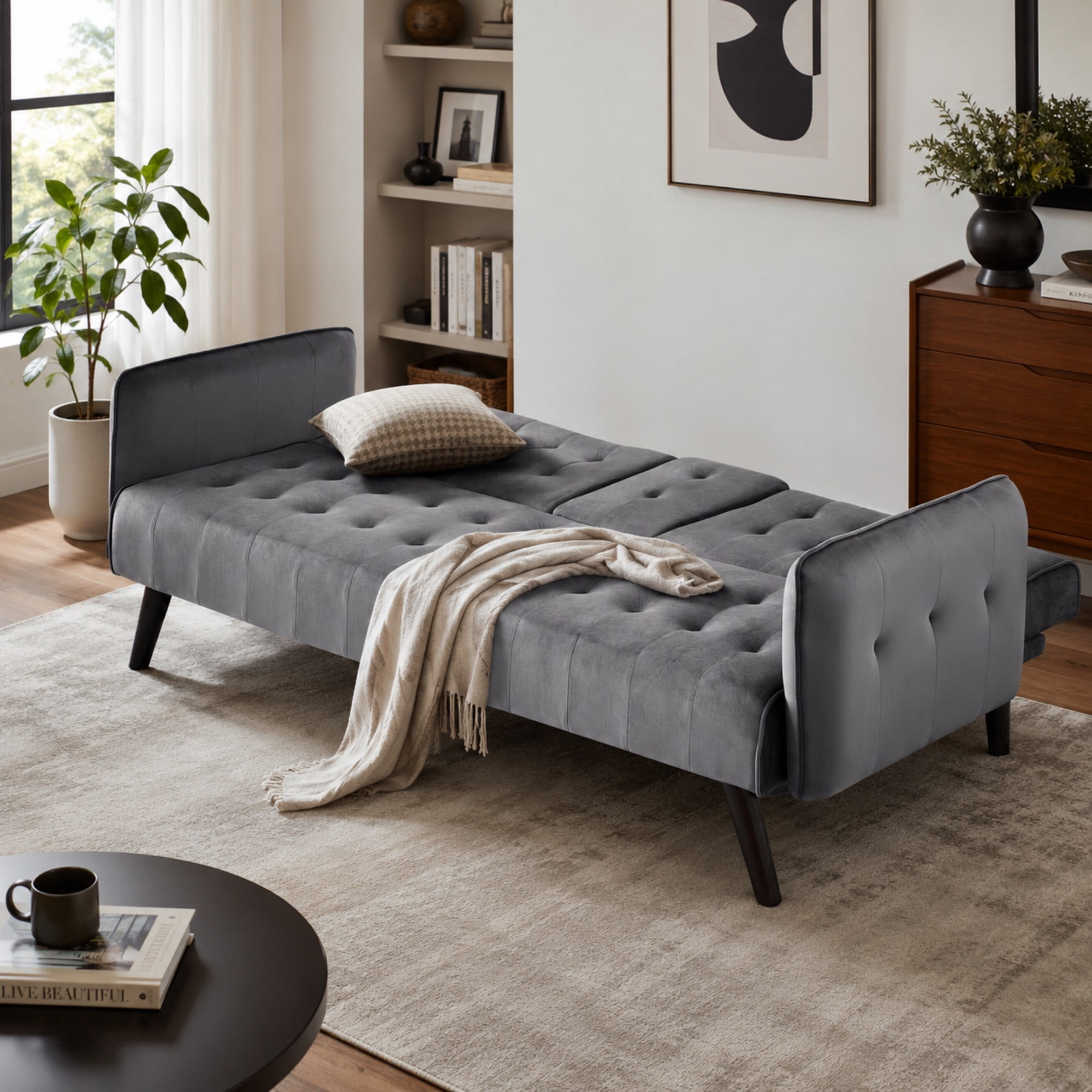 BSHTI 72" Linen Sleeper Sofa Bed with Folding Backrest,Adjustable Back,Drop-Down Table with Cup Holder for Living Room（Dark Gray）