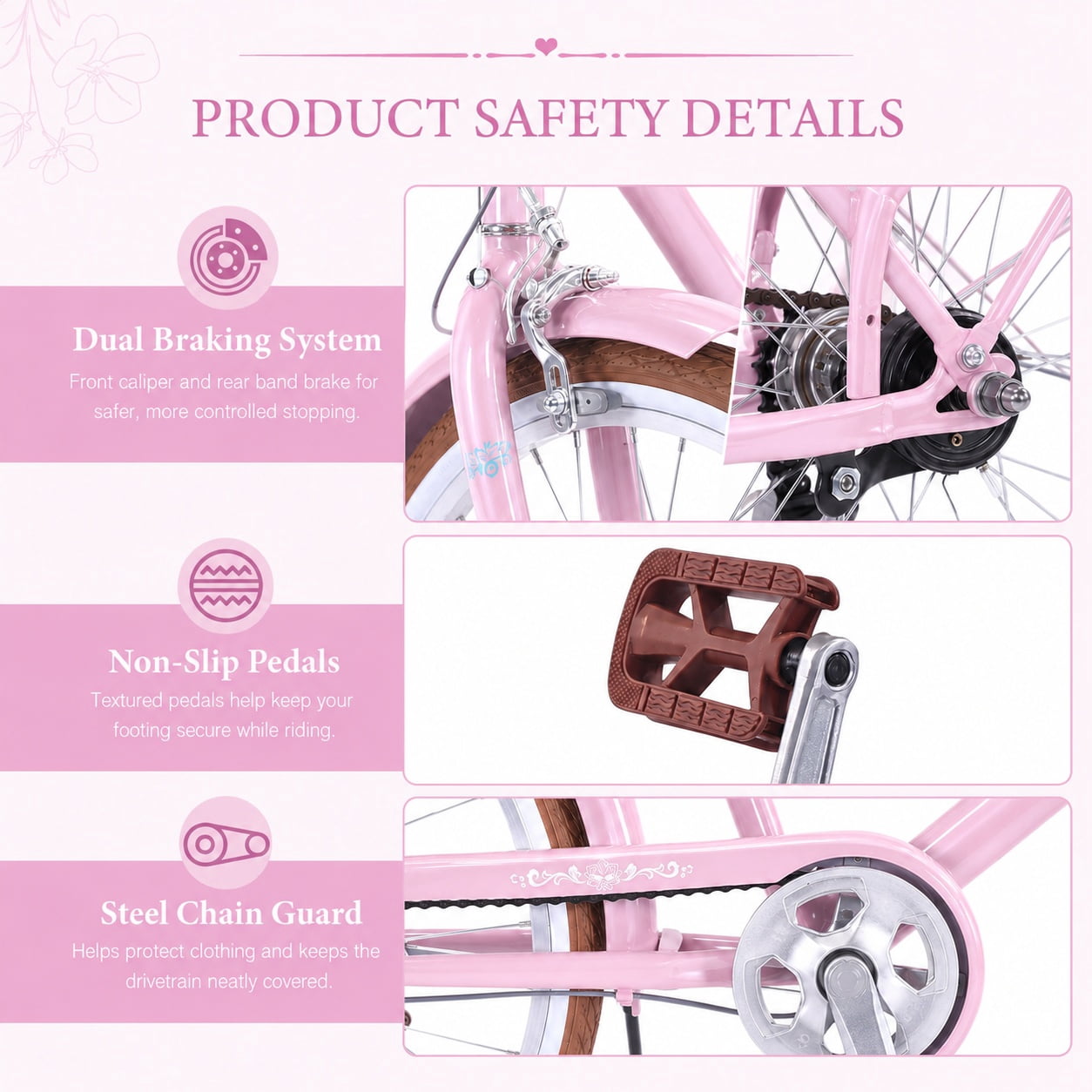 Aukfa 24 Inch Women's Cruiser Bike, 6-Speed Step-Through Commuter Bicycle with Cup Holder & Rear Rack,Pink