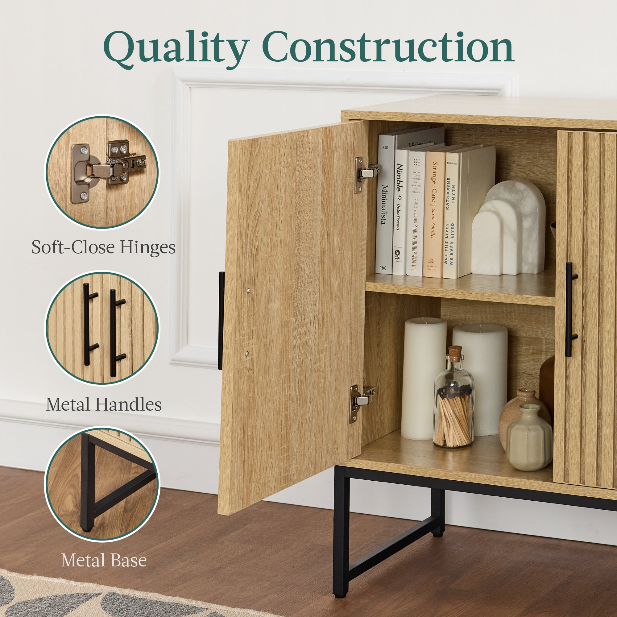 Best Choice Products 2-Door Slatted   Storage Cabinet, Accent Furniture w/ Non-Scratch Foot Pads - Natural