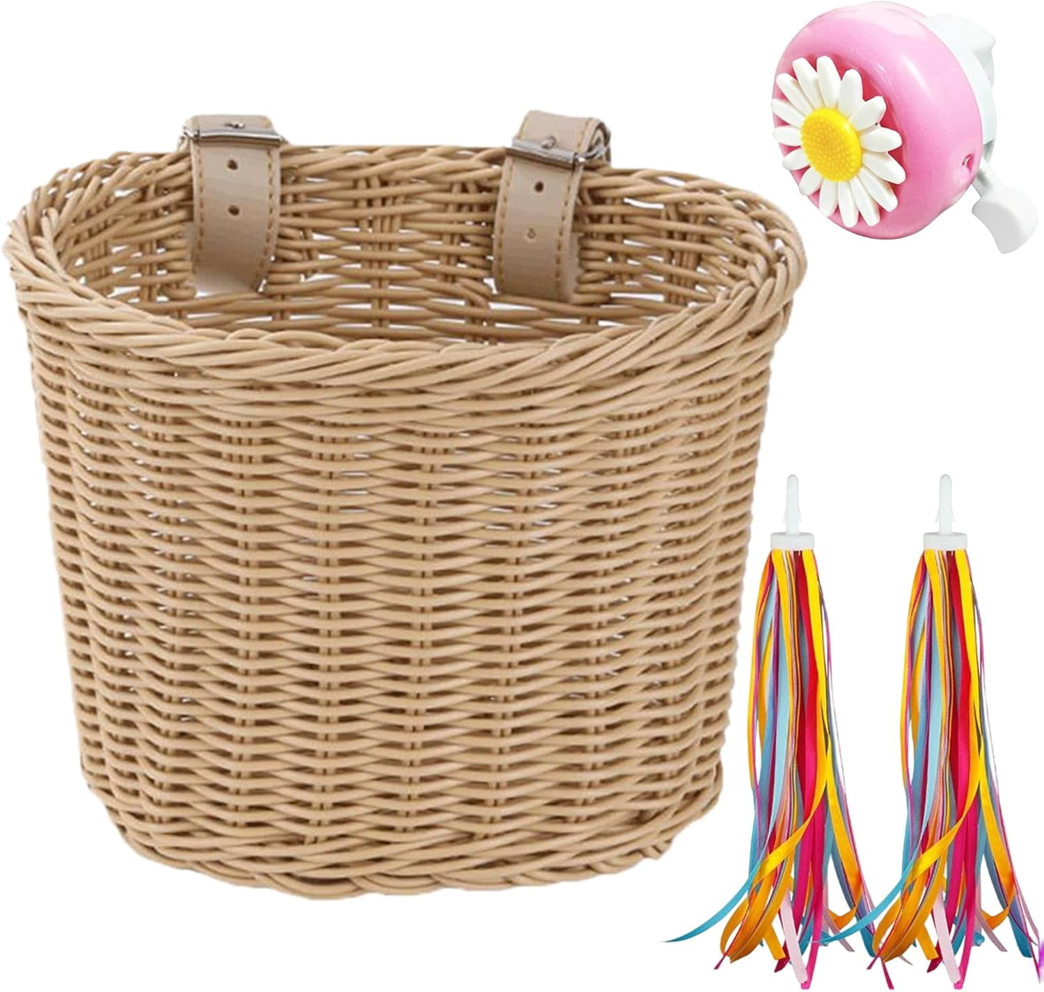 Kids Bike Basket Front: Handwoven Wicker Bicycle Basket, Bike Bell & Ribbons Tassels Bike Accessories for Kids, Fits Most Bicycle, Balance Bike, Tricycle,Scooter