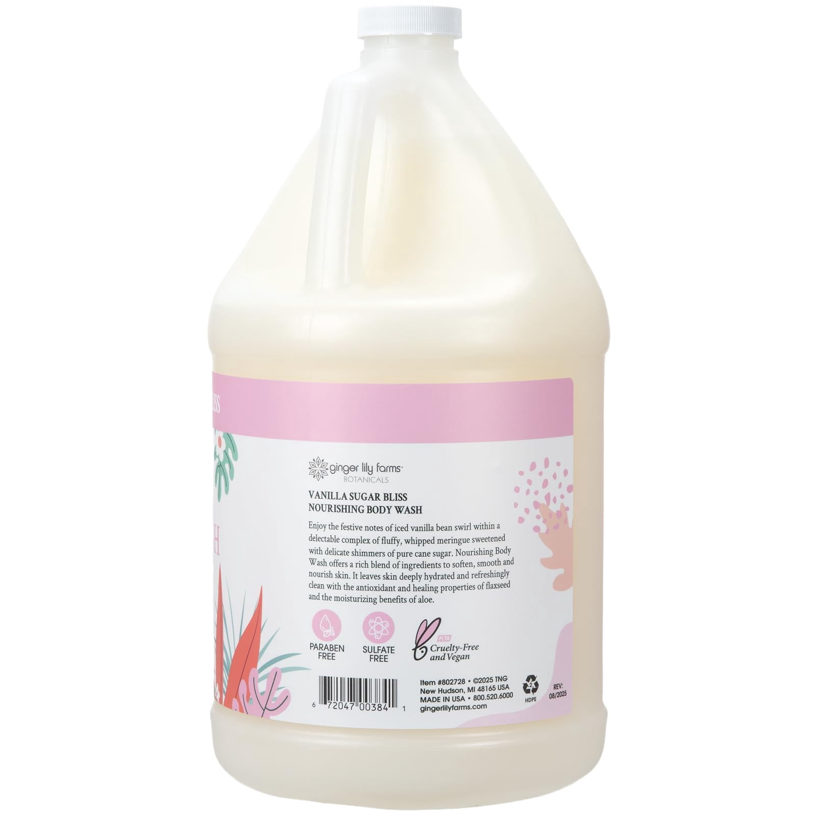 Ginger Lily Farms Botanicals Nourishing Body Wash, 100% Vegan & Cruelty-Free, Vanilla Sugar Bliss Scent, 1 Gallon (128 fl oz) Refill