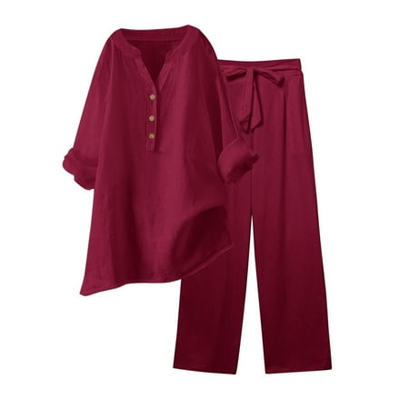 MSJUHEG Linen Sets for Women 2 Piece Sets for Women Short Sleeve Lounge Sets for Women Wide Leg Jumpsuits for Women Linen Set Short Sleeve Graphic Tees Pants Women s Jumpsuits Red XL