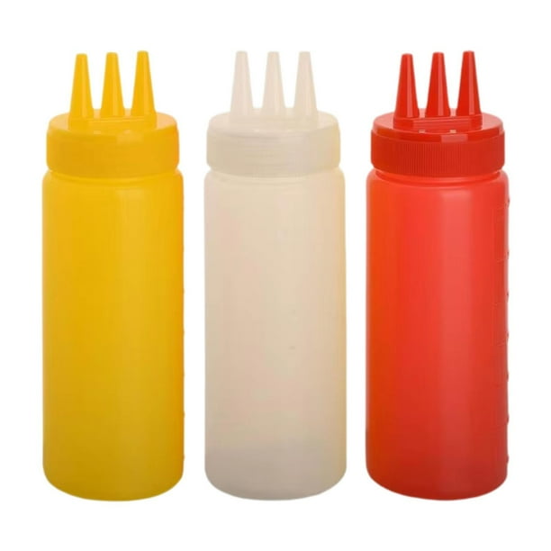 3 botellas de salsa reutilizables para dispensar condimentos. Amarillo Rojo Blanco