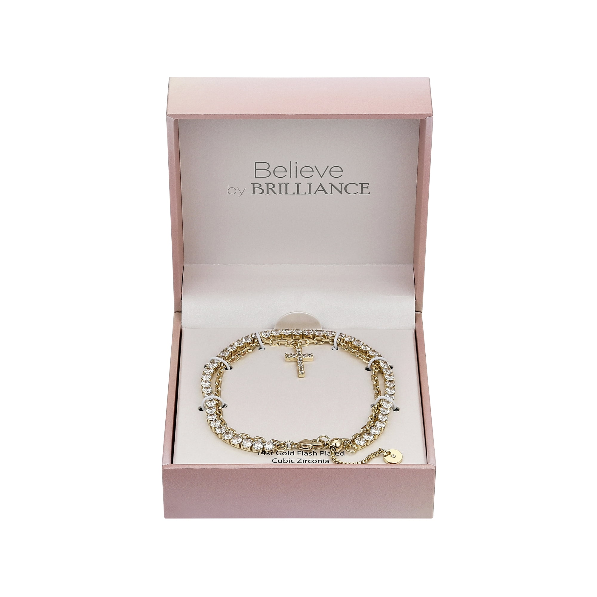Believe by Brilliance Women's 14Kt Gold Flash Plated Cubic Zirconia Cross Double Strand Bracelet, 7+1" Extender
