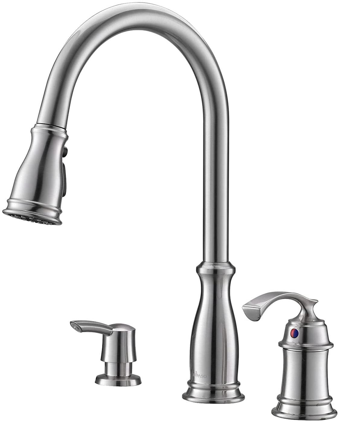 Brushed Nickel Kitchen Sink Faucet 3 Holes 1-Handle Pull Down W/ Soap Dispenser 