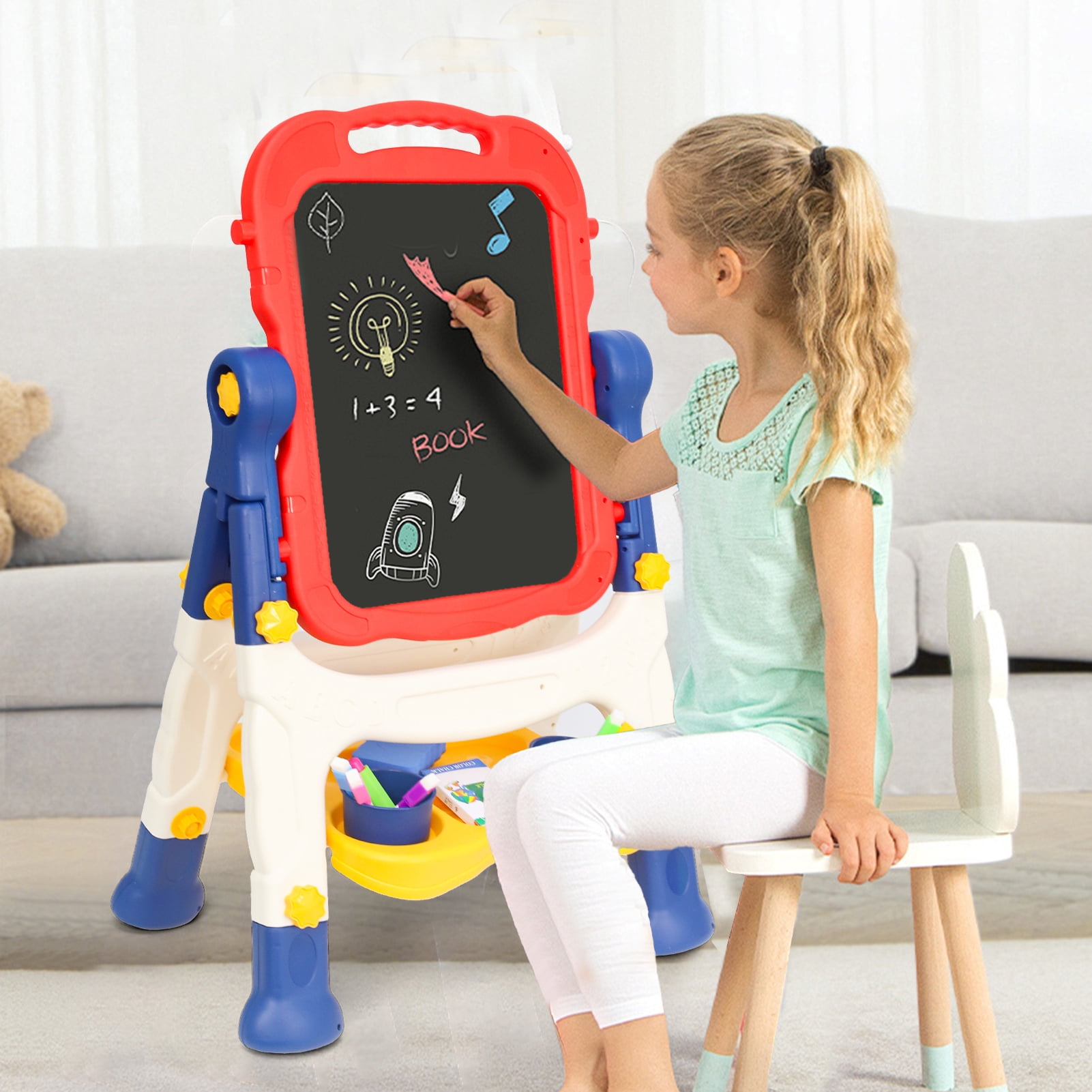 Kids Easel for Toddlers Age 3+, Art Magnetic White Board & Chalkboard Double Side Adjustable Stand, Drawing Writing Learning Educational Toy for 3 4 5 Year Boys Girl Birthday Gifts, Blue