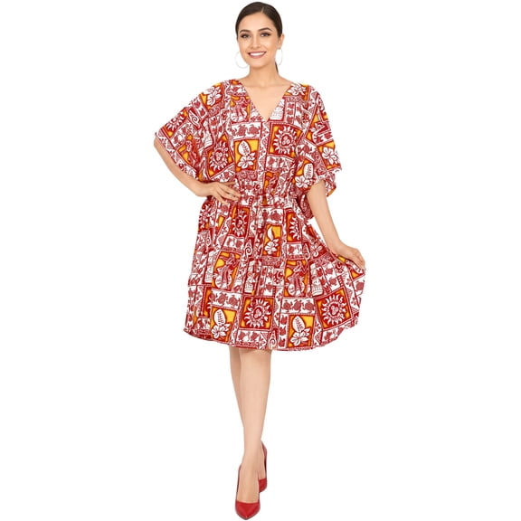 HAPPY BAY Women's Summer Loungewear Relaxed Fit Caftan Mini Casual Sundress for Women 2X-3X Coral, Hawaiian