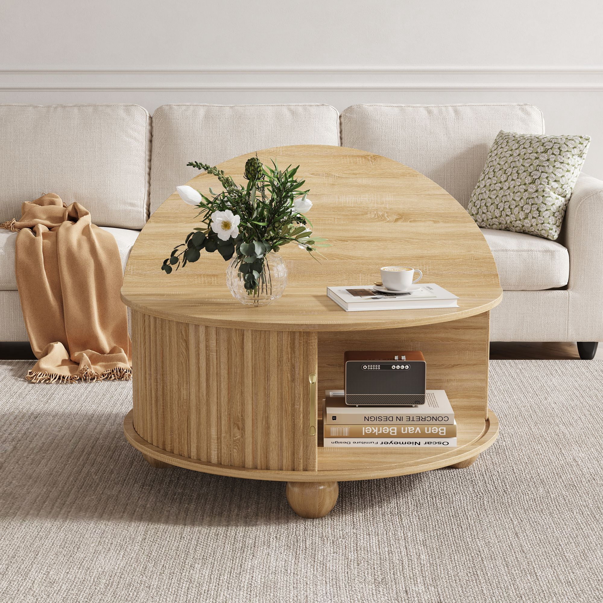 Round Coffee Table with Storage, Accent Fluted Drum Coffee Table with Sliding Door, Mid Century Modern Table for Living Room, Farmhouse Coffee Table for Small Space