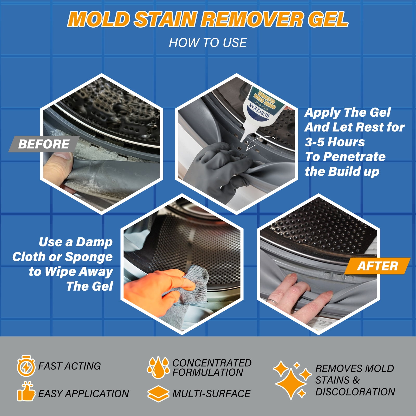 Bubclean Home Remover Gel, Washing Machine Cleaner for Washing Machine Seal, Front Load Washer, Refrigerator Strips, Tile, Home Kitchen Sinks, Toilet, Bathroom-7 FL Oz