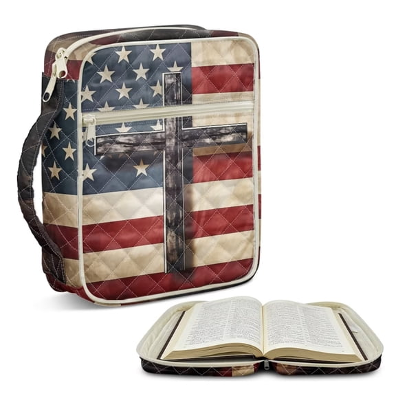 TSOVTHRID Cross American Flag Print Women Mens Bible Case, Bible Book Cover Quilted, Lightweight Bible Bag Practical Carrying Book Case with Multi Pockets, Christian Gift
