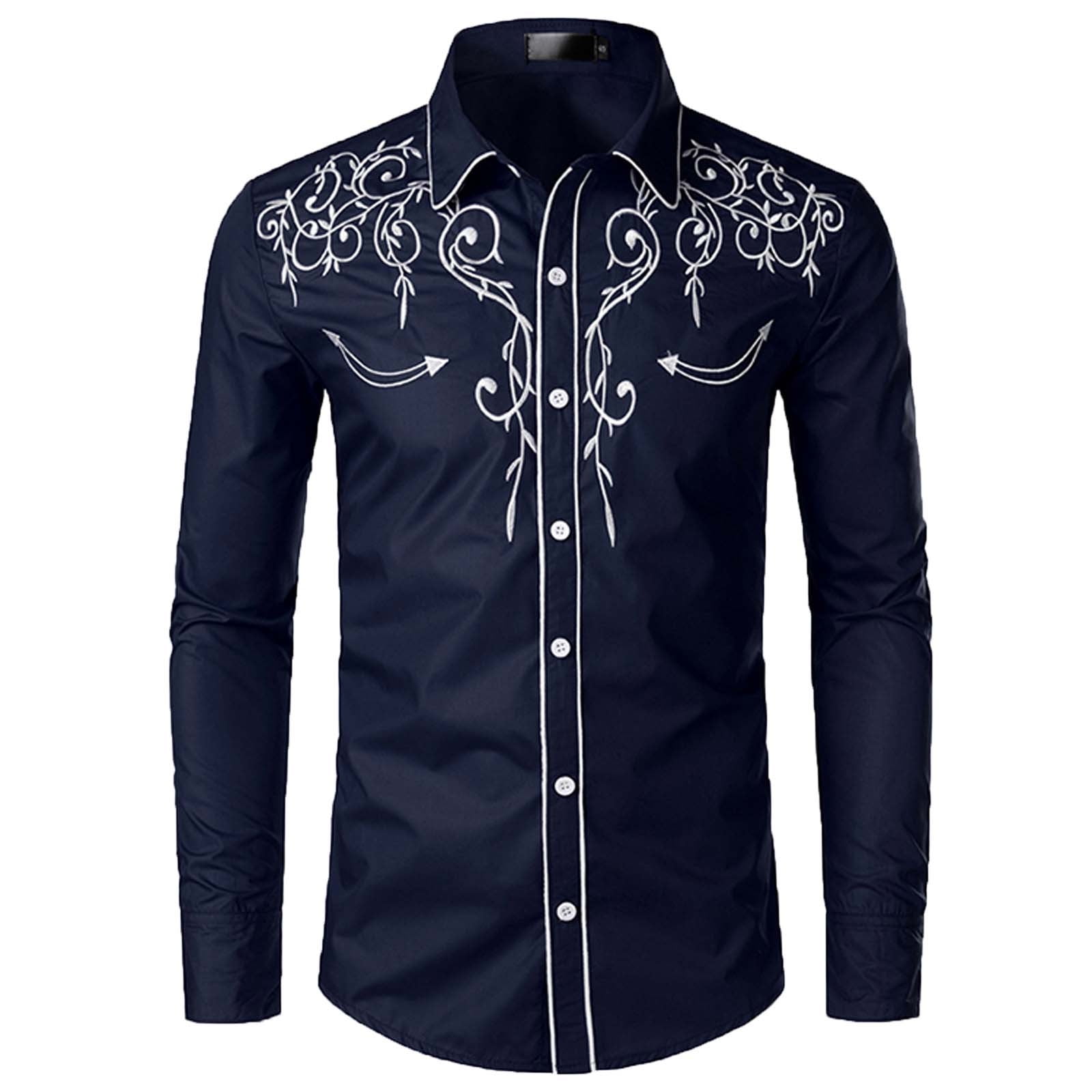 Men's Western Cowboy Shirts Long Sleeve Slim Fit Floral Embroideres ...