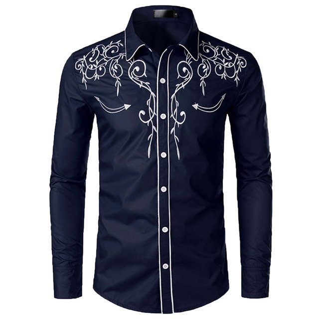 camisa de blusa de manga larga ajustada con bordado informal para hombre odeerbi odb-6 azul marino Vista frontal centrada de camisa ajustada de manga larga para hombre con bordado blanco en motivos florales y arabescos en hombros y pecho, ribete blanco a lo largo de la tapeta de botones y cuello, puños abotonados, mezcla de algodón de grosor estándar, fondo de estudio blanco. A menudo usada como prenda casual para combinar con vaqueros.