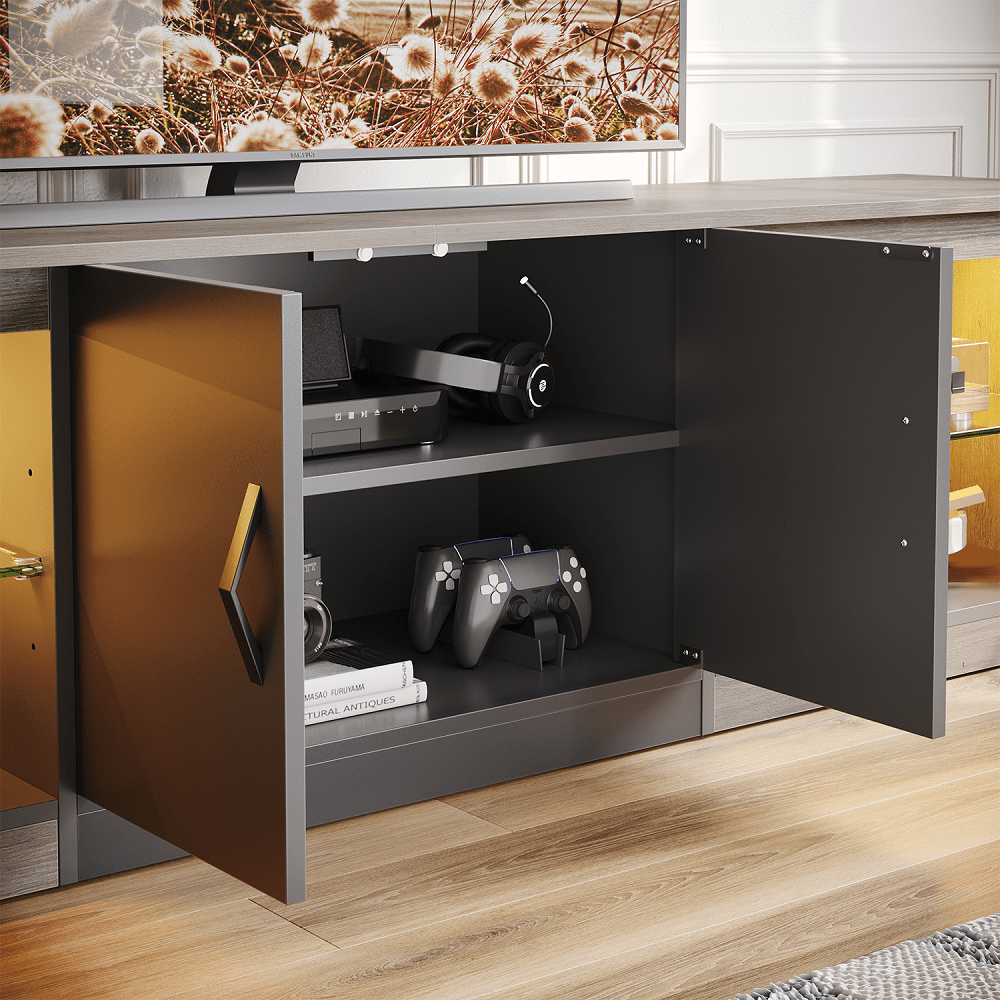 Bestier TV Stand for TVs up to 75" with Storage Cabinet, Gmaing Entertainment Center Media Console with LED Lights for Living Room, Wash Grey