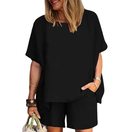 

Hanerdun Women 2 PCS Pajamas Female Short Sleeve Sleepwear Nightwear Black XL