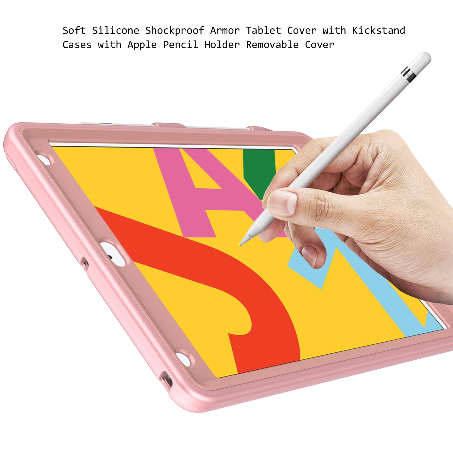iPad 10.2 Case 7th Generation with Pencil Holder, Allytech Hybrid Dual Layers Heavy Duty Shockproof Defender Build Kickstand Drop Protection Case Cover for Apple iPad 7th Gen 2019,Pink