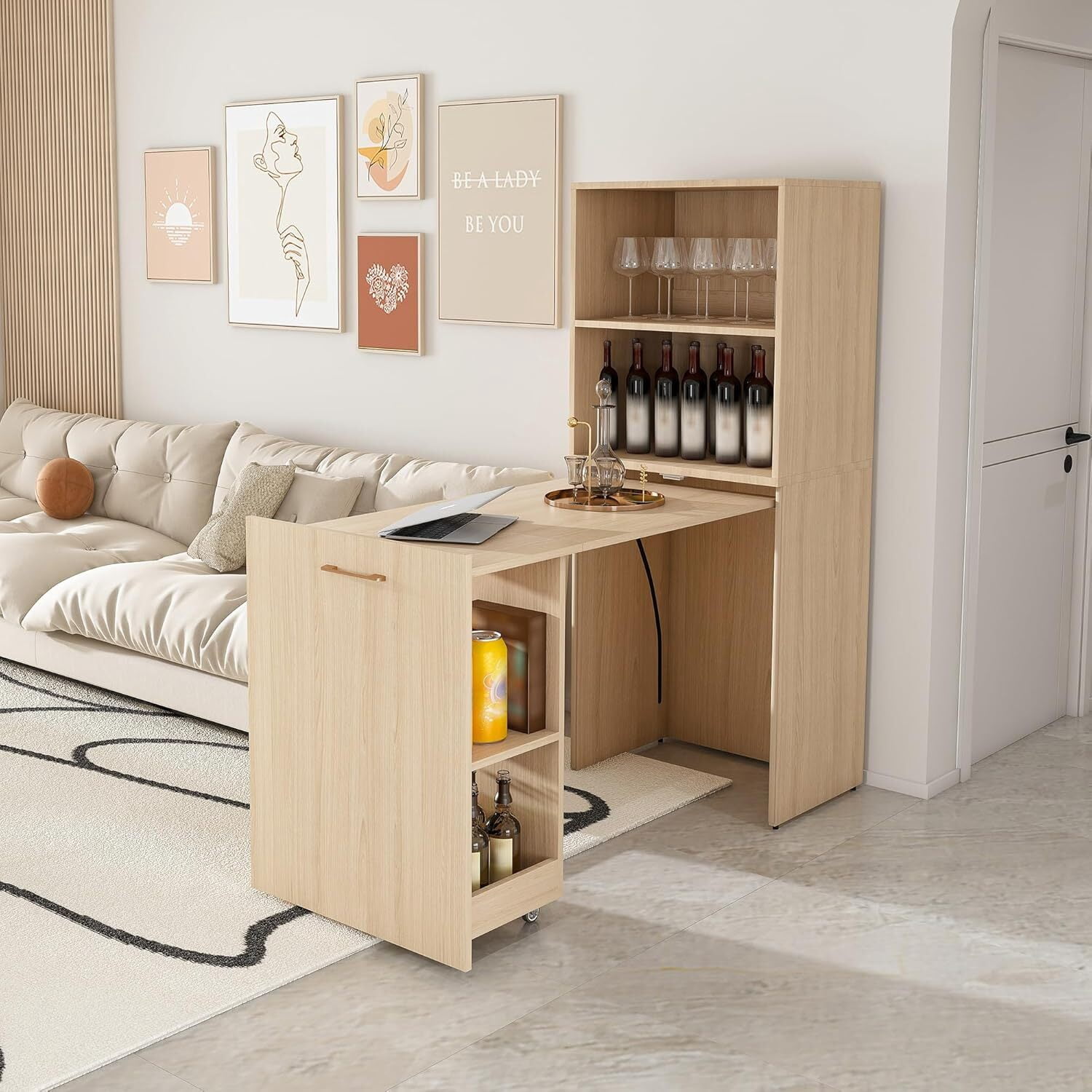 Montary Mobile L-Shaped Desk with Shelves & Wheels, Foldable & Expandable Office Desk for Small Spaces (Natural)