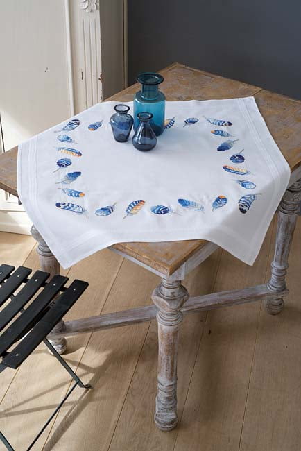 Vervaco tablecloth stamped jessecmault kit 32x32blue feathers