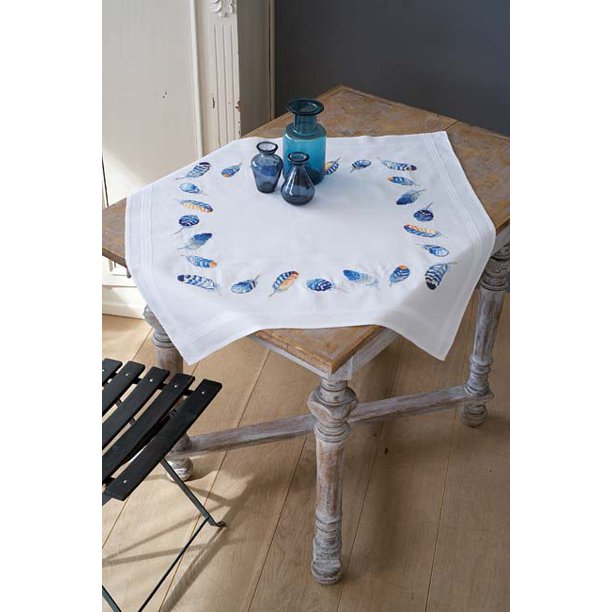 Vervaco Tablecloth Stamped Embroidery Kit 32"X32"Blue Feathers