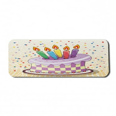 Birthday Computer Mouse Pad, Creamy Cake Illustration with Candles Retro Style Polka Dots Stars Striped Design, Rectangle Non-Slip Rubber Mousepad Large, 31" x 12", Multicolor, by Ambesonne