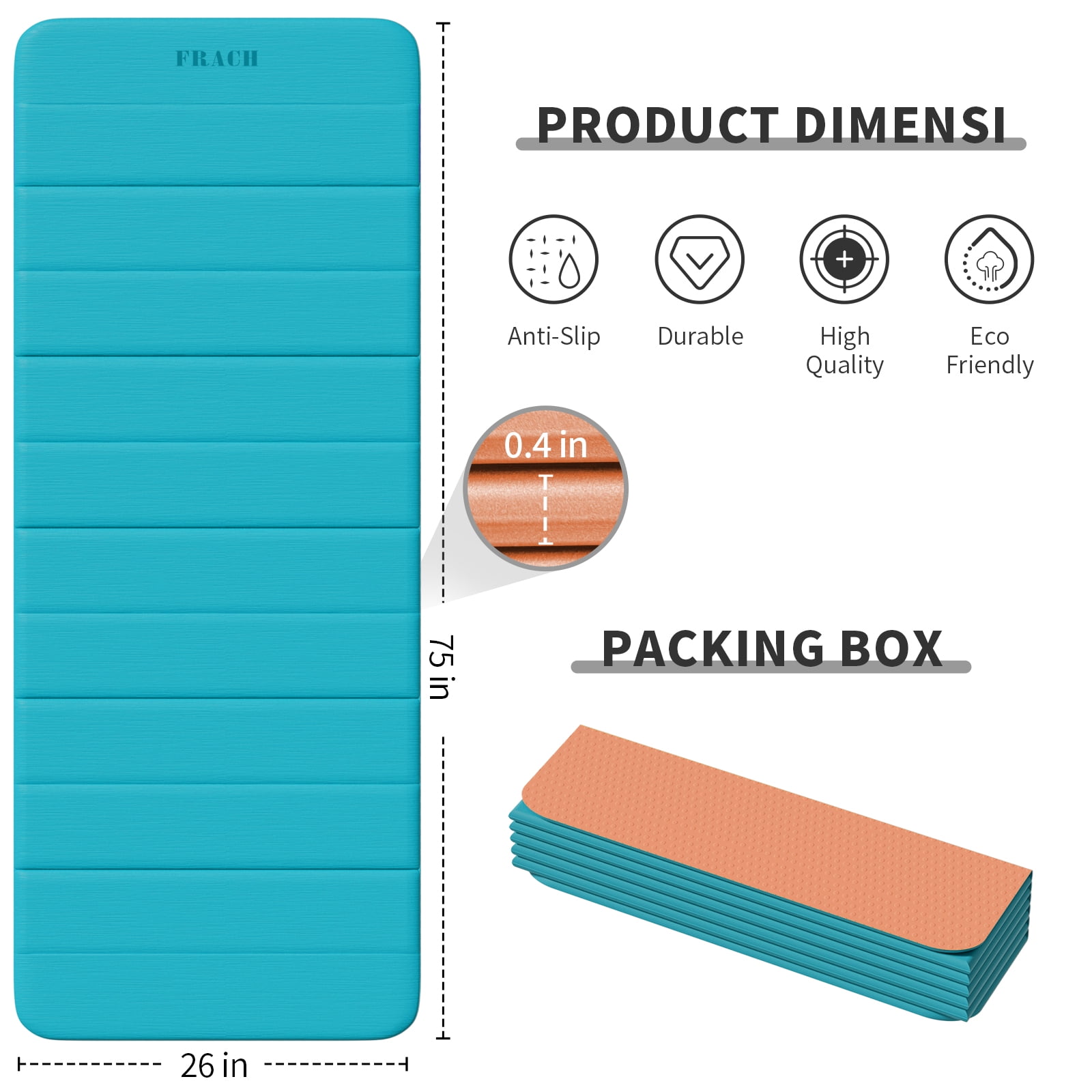 Frach Foldable Yoga Mat Extra Long 75",0.4" Thick Exercise Mat,Muti-fundctional,High-Density for Gym and Travel,Indoor and Outdoor(Blue+Orange)