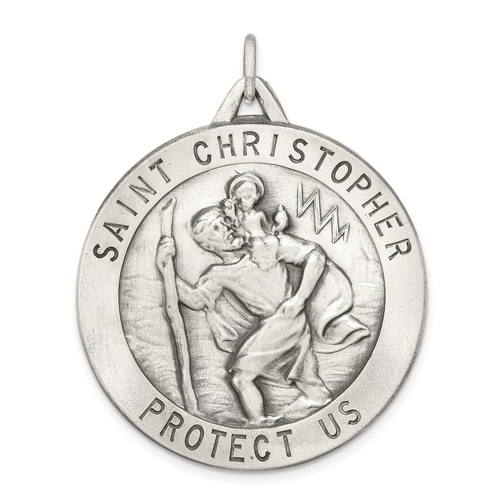 Solid 925 Sterling Silver Catholic Patron Saint Christopher Pendant Charm  Medal - 40mm x 33mm